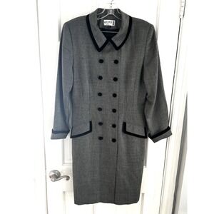 Kasper A.S.L. Vintage‎ Wool Blend Long Coat Women's 12 Black Velvet Trim Buttons